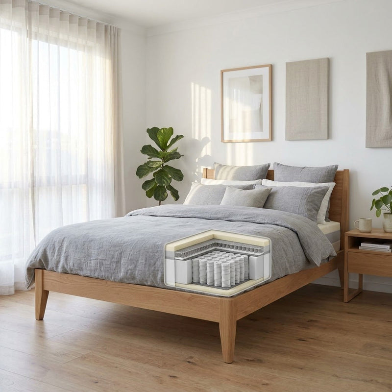 Sturdy hybrid mattress on a solid timber bed frame in an Australian bedroom, with pocket springs and micro-coil layers visible at the corner — best mattress for heavy people in Australia