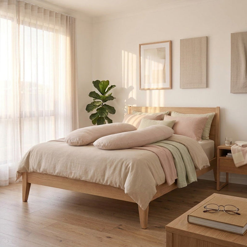 Hybrid mattress with a full-length pregnancy body pillow on soft bedding in a calm Australian bedroom — best mattress for pregnancy in Australia