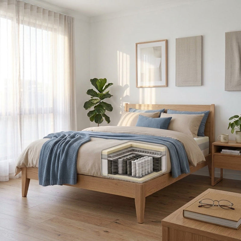 Hybrid mattress with reinforced edge support on a timber bed frame at easy sitting height, reading glasses on the bedside table — best mattress for seniors in Australia