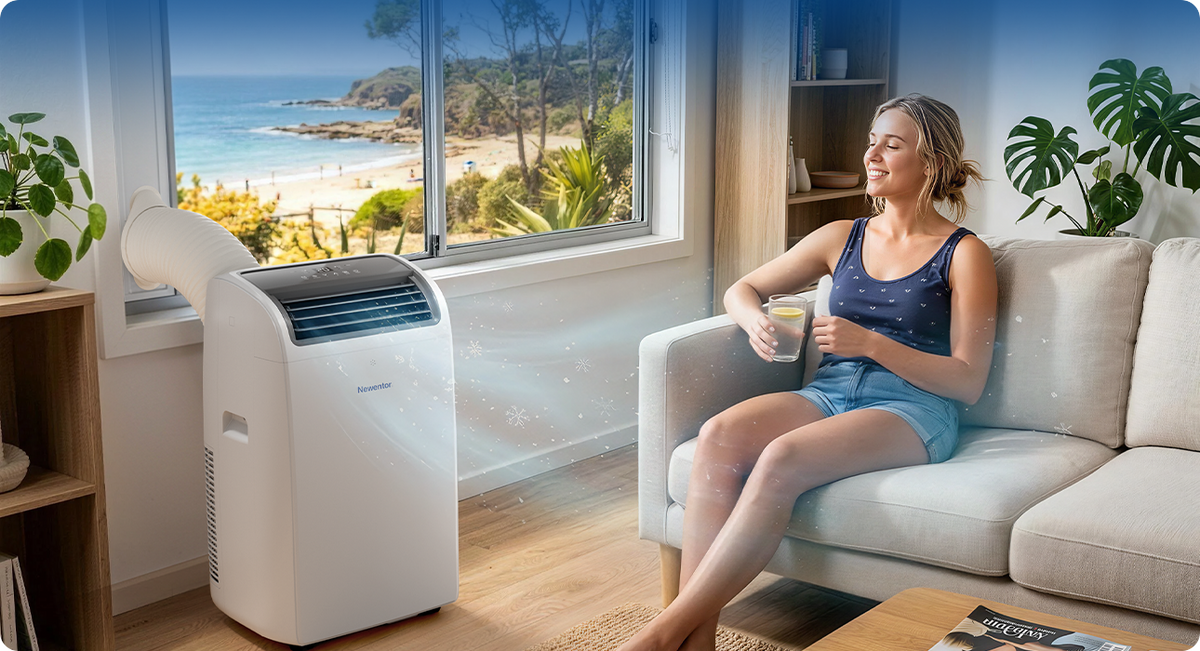 Woman relaxing on a sofa cooled by a Newentor portable air conditioner
