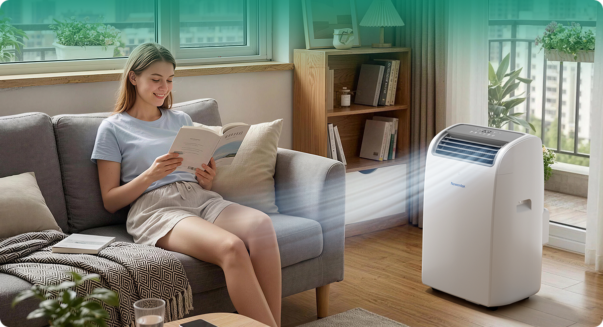 Newentor portable air conditioner in fan mode by a sunny window