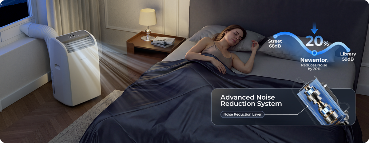 Baby sleeping peacefully in a room with a quiet Newentor portable air conditioner