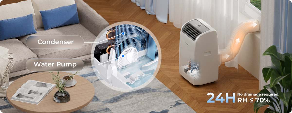 Auto-evaporation system of the Newentor portable air conditioner, no water drainage needed