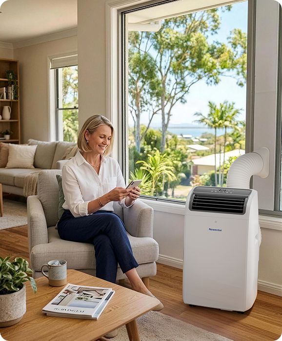 Woman relaxing in a living room cooled by a Newentor portable air conditioner