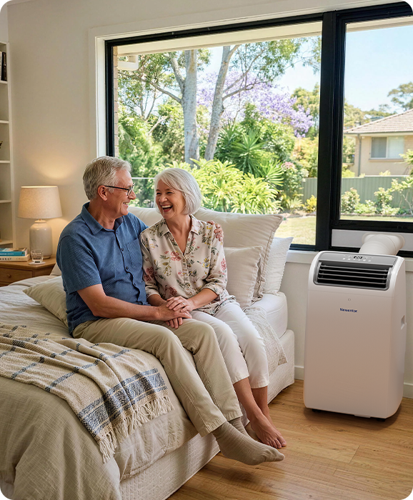 Quiet bedroom at night with a Newentor portable air conditioner
