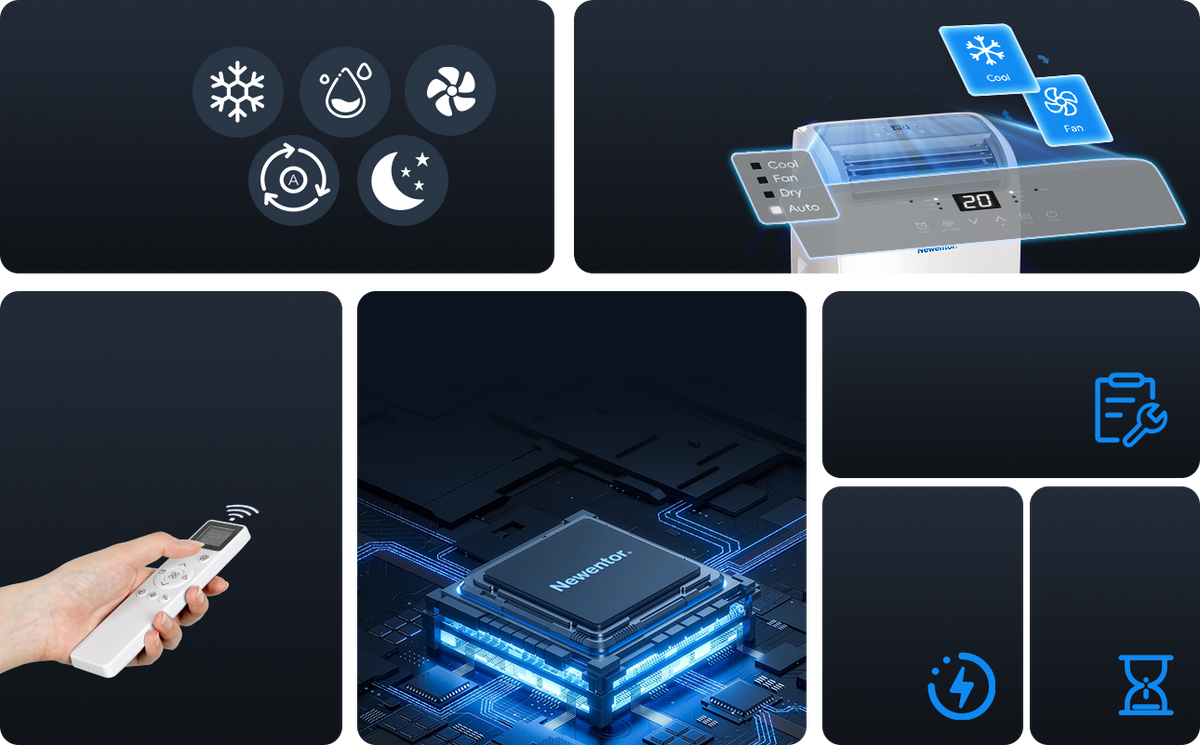 Newentor portable air conditioner smart features: five modes, AI mode, remote control, smart chip, self-diagnosis, power outage protection and 24-hour timer