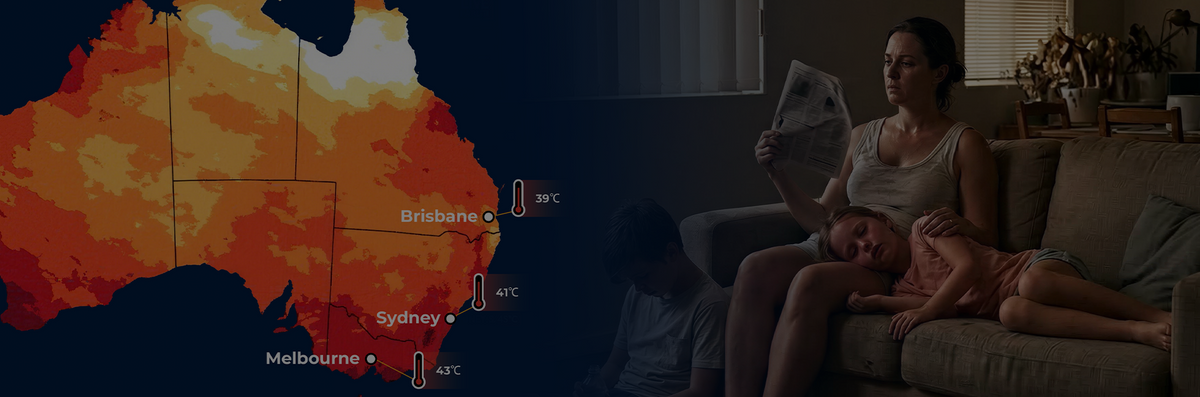 Australian heatwave map beside a family resting at home in the heat