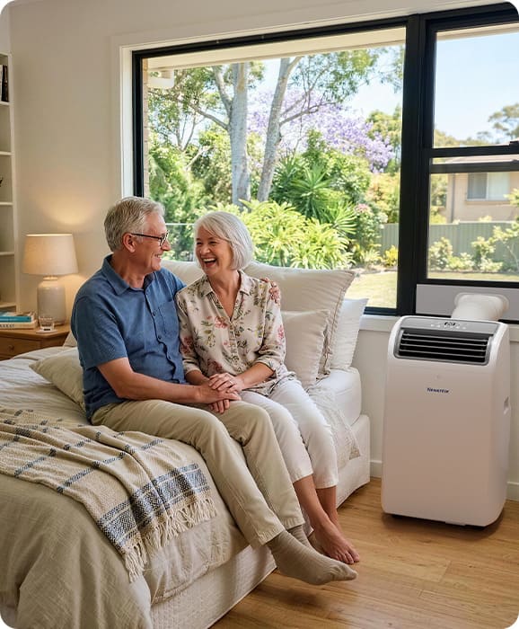 Quiet bedroom at night with a Newentor portable air conditioner