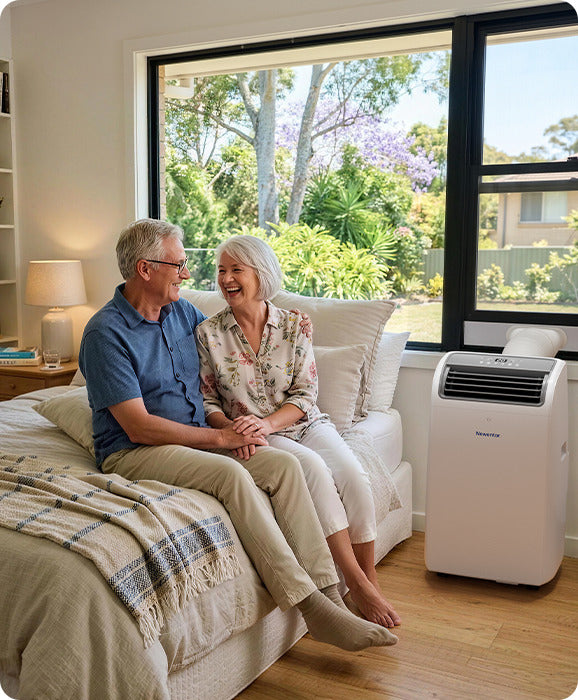 Quiet bedroom at night with a Newentor portable air conditioner