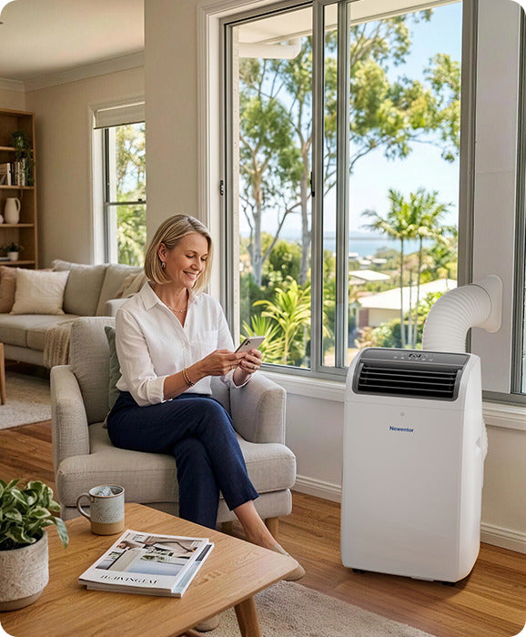 Woman relaxing in a living room cooled by a Newentor portable air conditioner