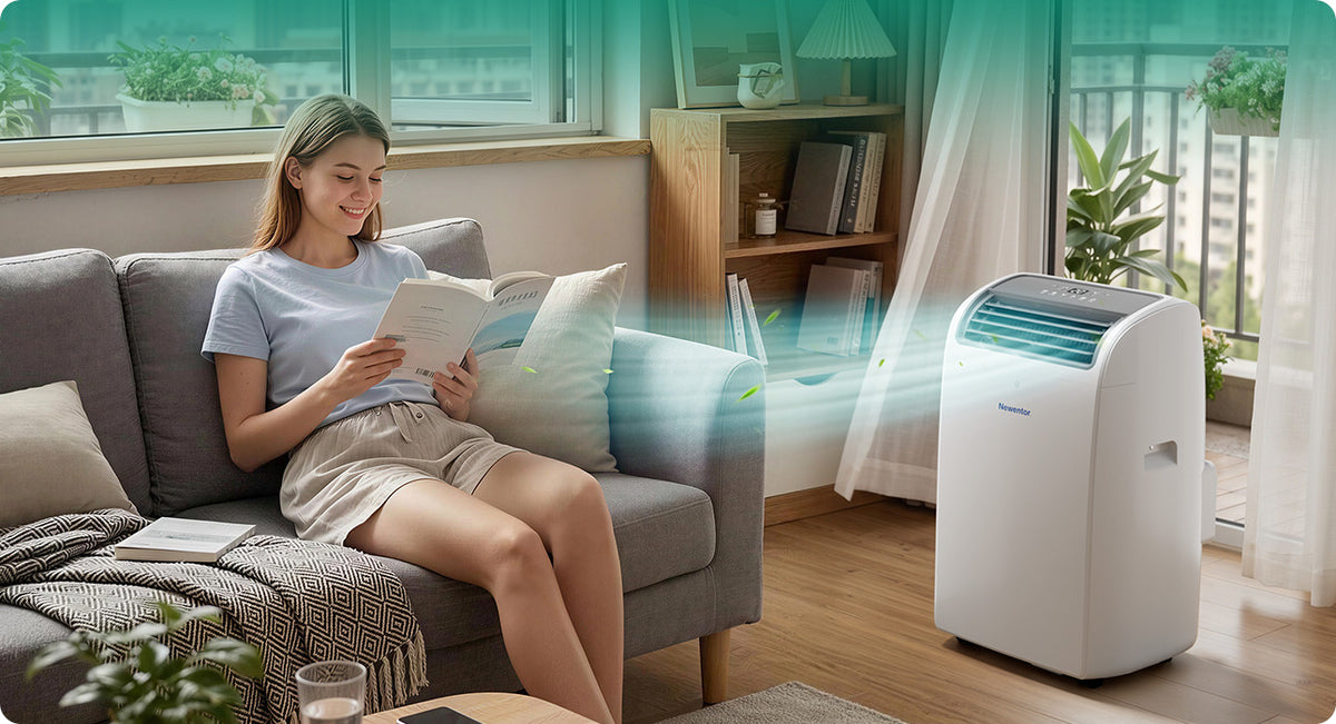 Newentor portable air conditioner in fan mode by a sunny window
