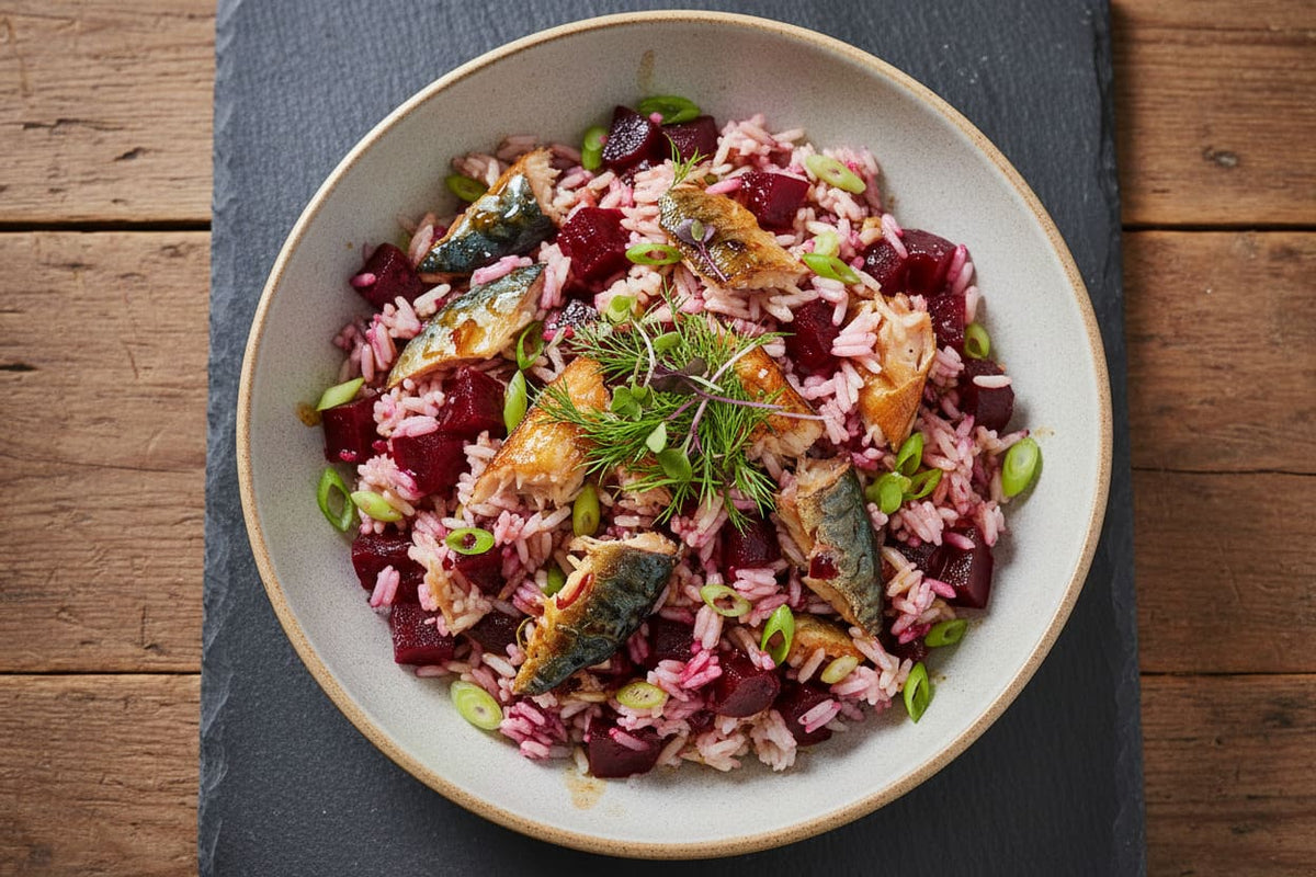 smoked mackerel and beetroot rice salad