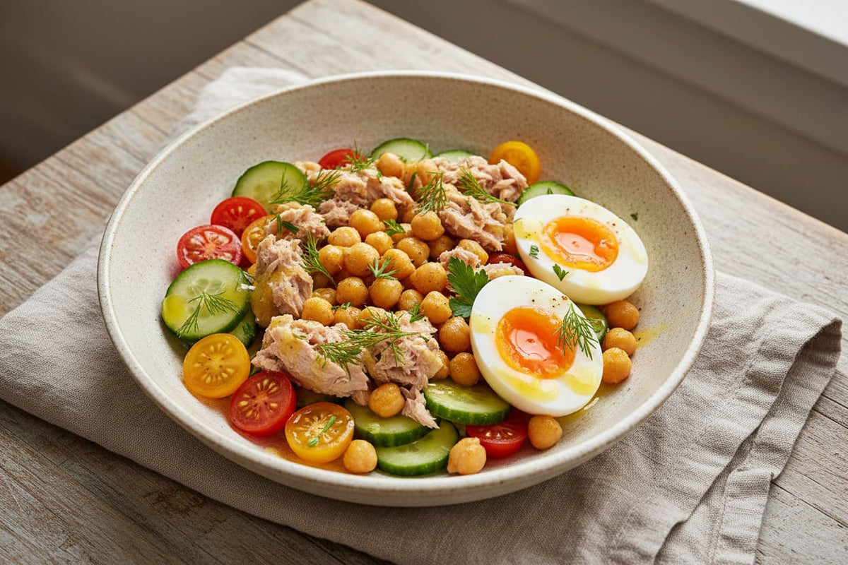 tuna chickpea and jammy egg bowl